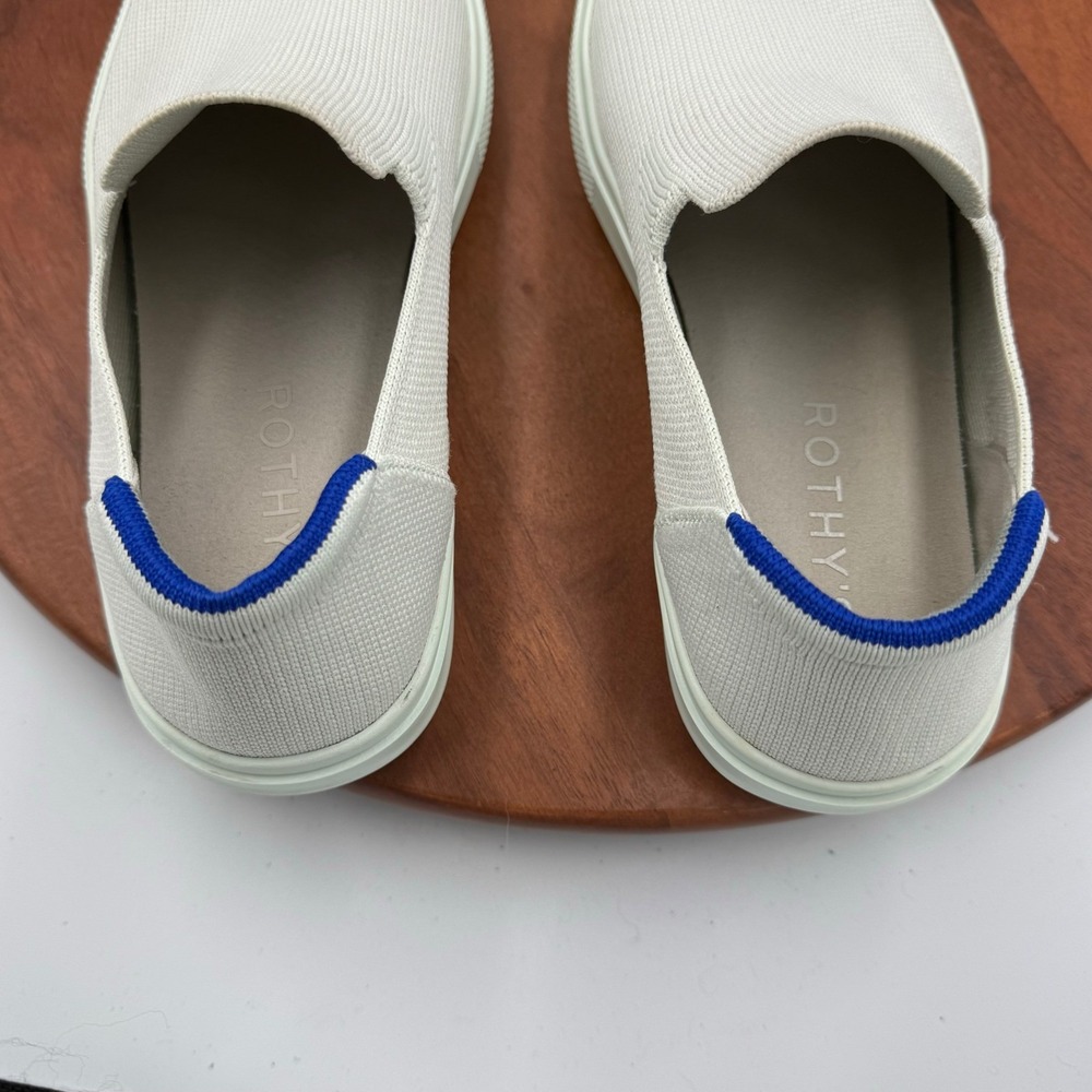 Rothy's The City Slip On Sneaker Womens 9.5 White Blue Trim Knit Classic Comfort - Picture 12 of 15
